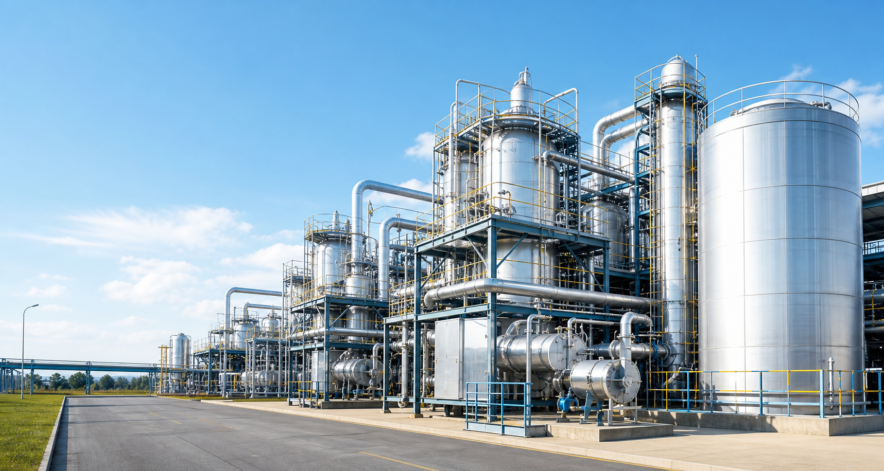Planta industrial química moderna con tanques y tuberías