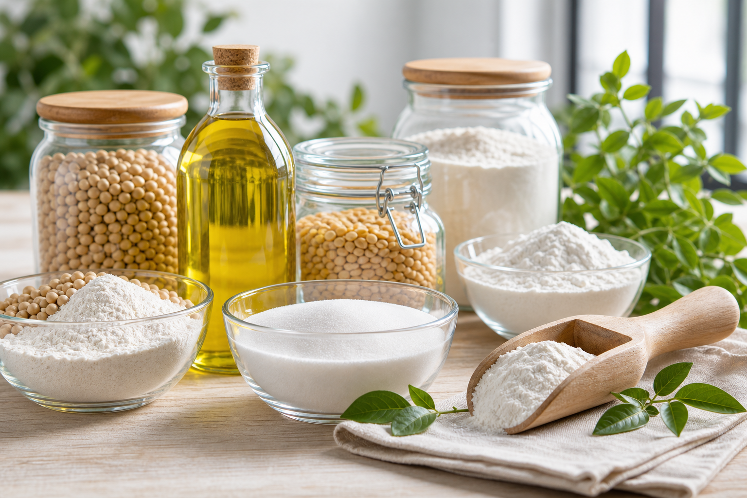 Ingredientes alimentarios en frascos, aceite y polvos
